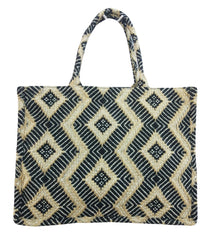 PRIMROSE Jute Tote Bag, Black and Natural Diamond Pattern, Handwoven
