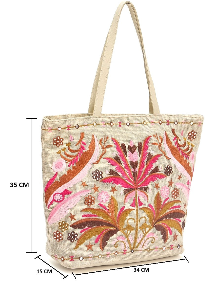 Embroidered Canvas Tote Bag, Floral Design in Pink and Brown, Beige Base with Decorative Border