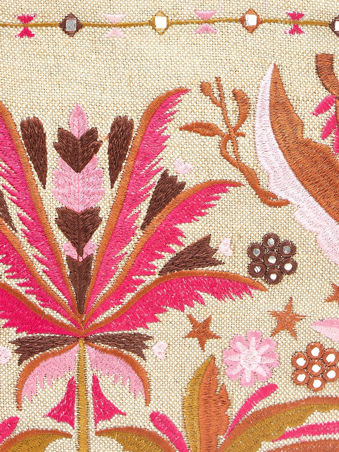 Embroidered Canvas Tote Bag, Floral Design in Pink and Brown, Beige Base with Decorative Border