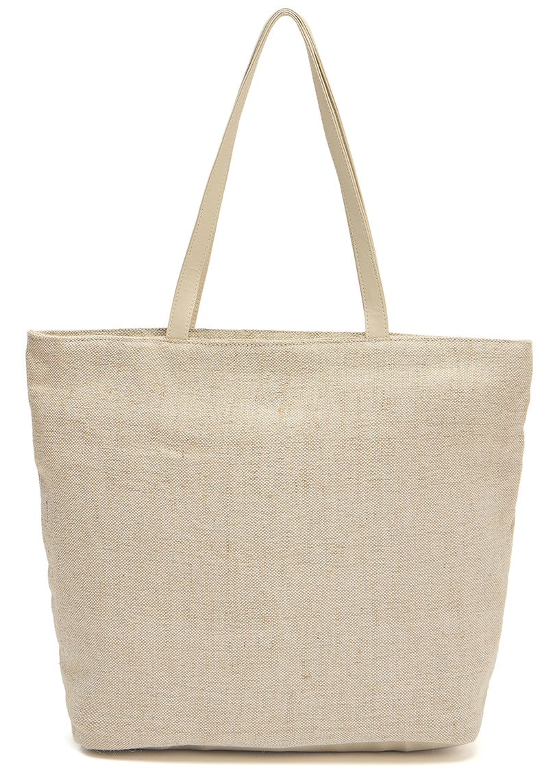Embroidered Canvas Tote Bag, Floral Design in Pink and Brown, Beige Base with Decorative Border