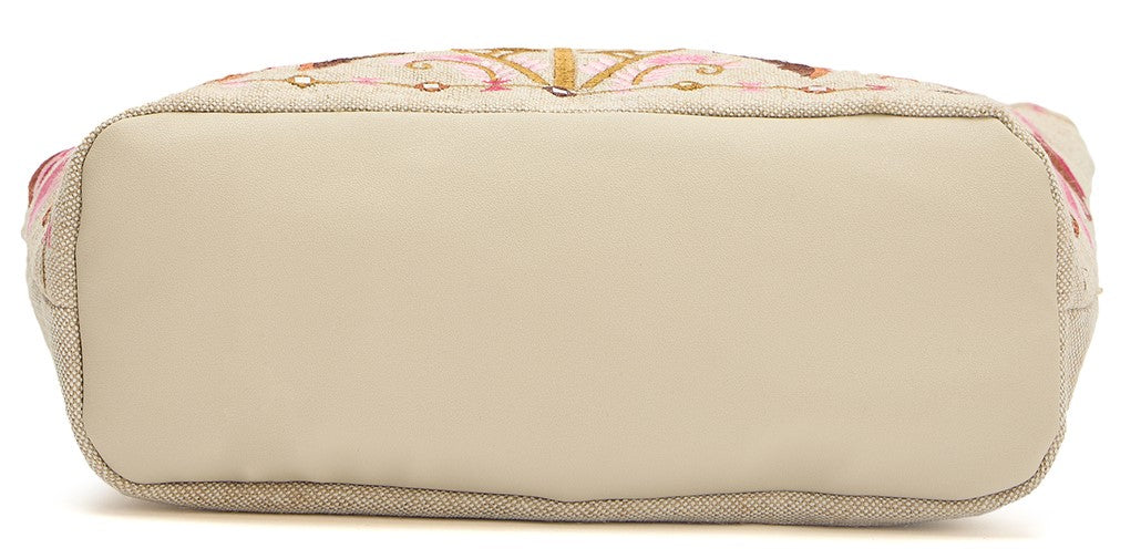 Embroidered Canvas Tote Bag, Floral Design in Pink and Brown, Beige Base with Decorative Border