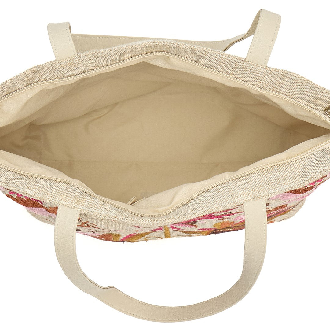Embroidered Canvas Tote Bag, Floral Design in Pink and Brown, Beige Base with Decorative Border