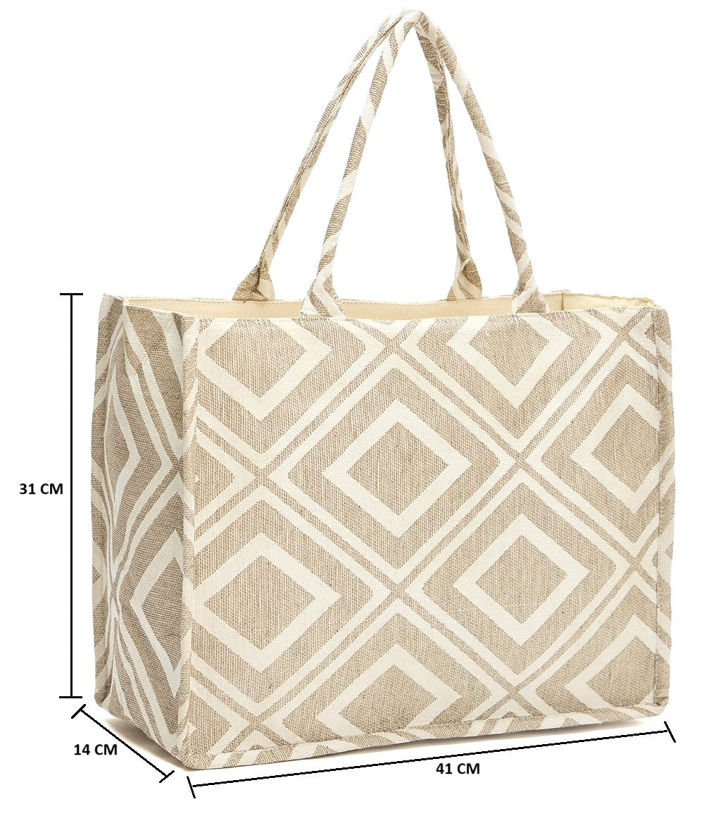 PRIMROSE Geometric Pattern Canvas Tote Bag, Large Shopping Bag, Beige and White Diamond Design