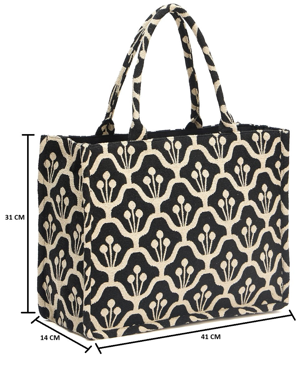 PRIMROSE Floral Pattern Canvas Tote Bag, Black and Beige, Decorative Design, Shopping Handbag