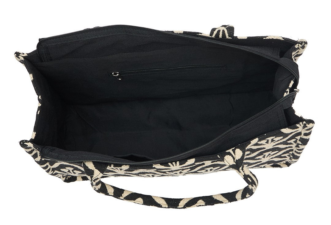 PRIMROSE Floral Pattern Canvas Tote Bag, Black and Beige, Decorative Design, Shopping Handbag