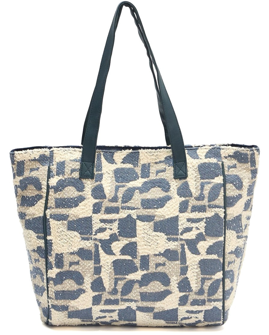 Canvas Tote Bag, Abstract Pattern Print, Grey and Beige, Large Shoulder Straps