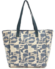 Canvas Tote Bag, Abstract Pattern Print, Grey and Beige, Large Shoulder Straps