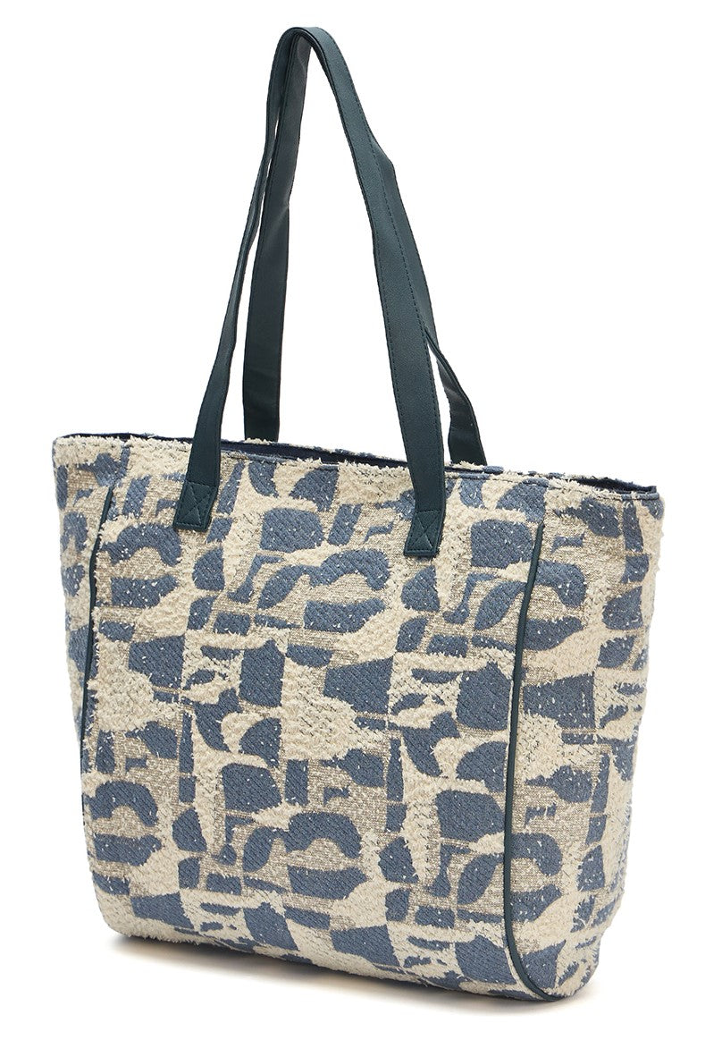 Canvas Tote Bag, Abstract Pattern Print, Grey and Beige, Large Shoulder Straps