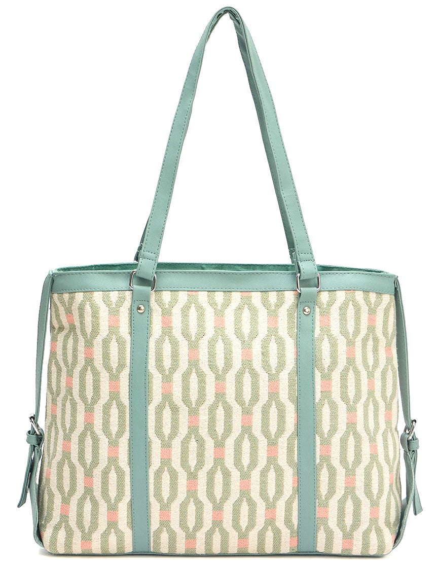 Ladies Geometric Print Tote Bag, Mint Green Trim, Canvas Shoulder Handbag