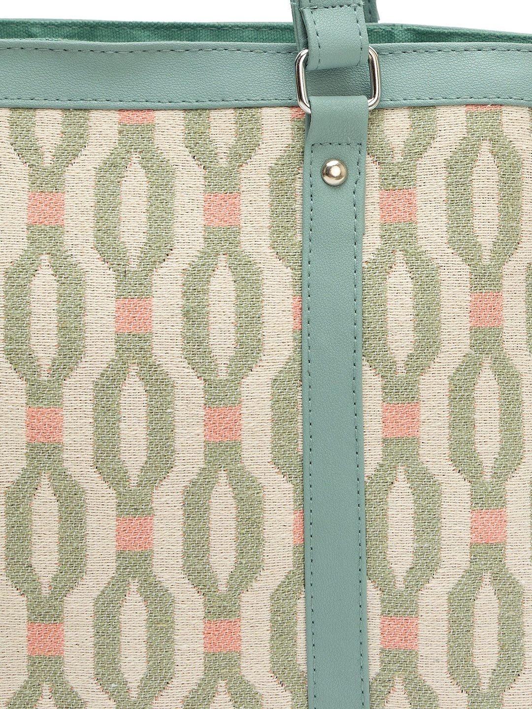Ladies Geometric Print Tote Bag, Mint Green Trim, Canvas Shoulder Handbag