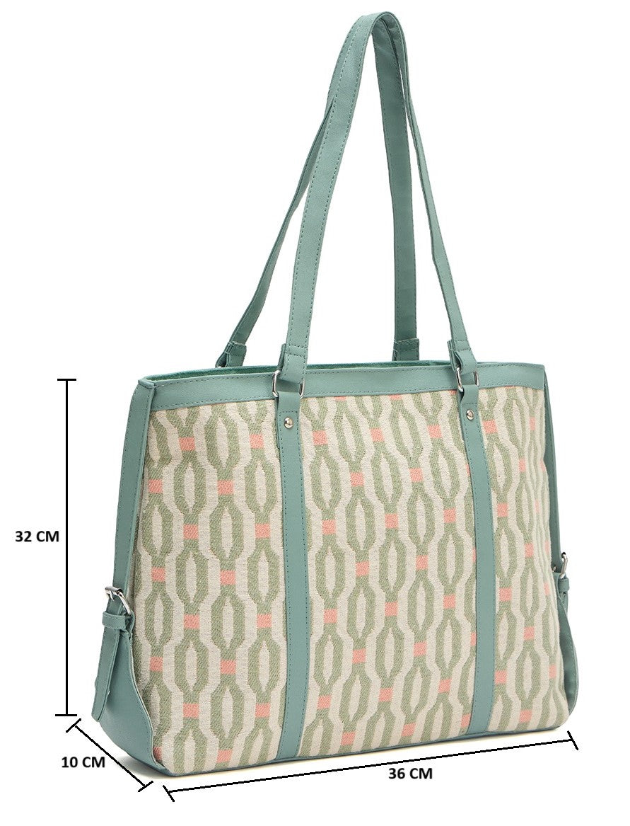 Ladies Geometric Print Tote Bag, Mint Green Trim, Canvas Shoulder Handbag
