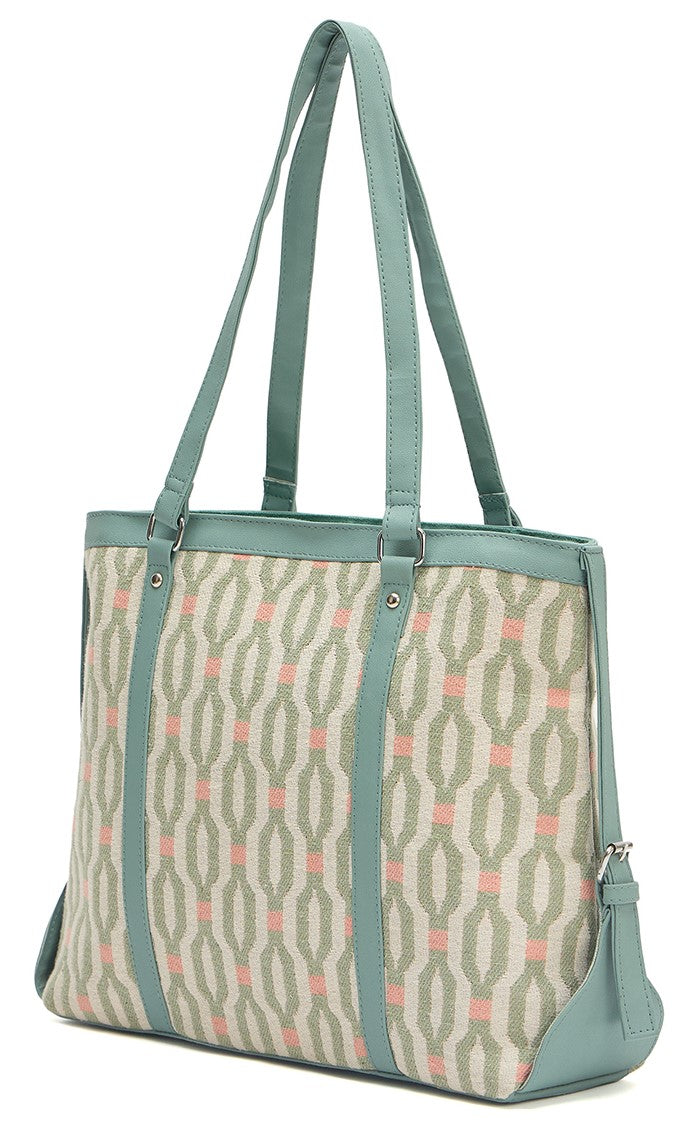 Ladies Geometric Print Tote Bag, Mint Green Trim, Canvas Shoulder Handbag