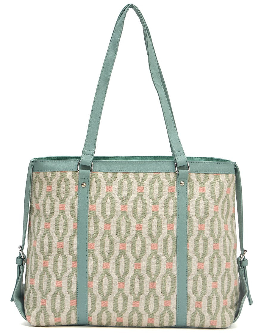 Ladies Geometric Print Tote Bag, Mint Green Trim, Canvas Shoulder Handbag