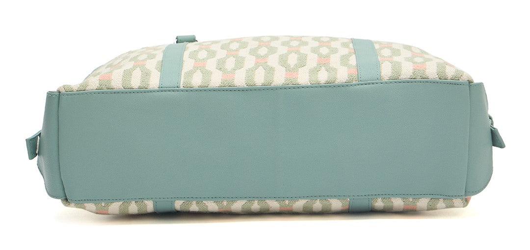 Ladies Geometric Print Tote Bag, Mint Green Trim, Canvas Shoulder Handbag