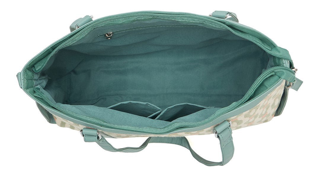 Ladies Geometric Print Tote Bag, Mint Green Trim, Canvas Shoulder Handbag