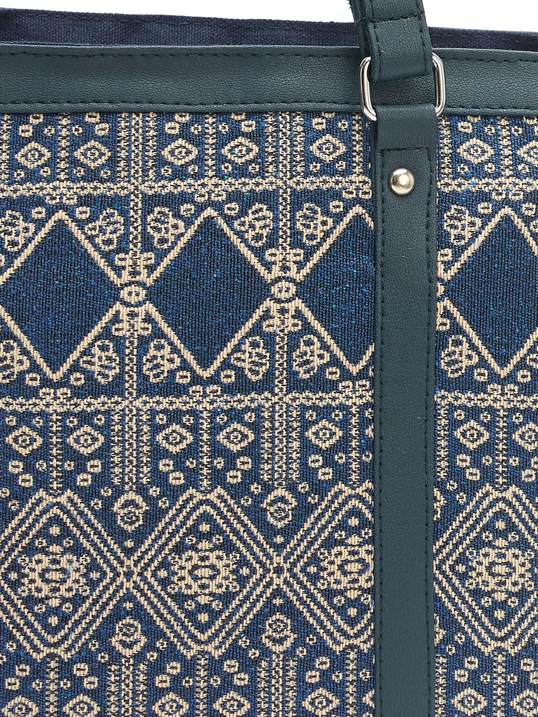 Women's Ethnic Print Tote Bag, Navy Blue and Beige Pattern
