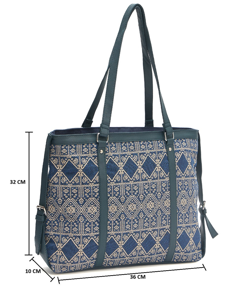 Women's Ethnic Print Tote Bag, Navy Blue and Beige Pattern