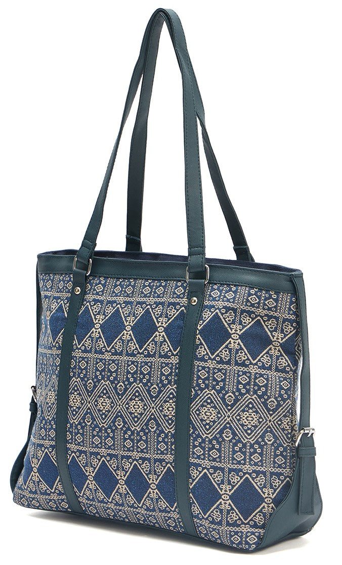 Women's Ethnic Print Tote Bag, Navy Blue and Beige Pattern