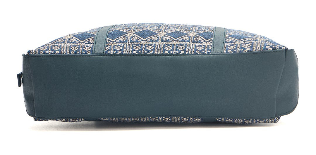 Women's Ethnic Print Tote Bag, Navy Blue and Beige Pattern