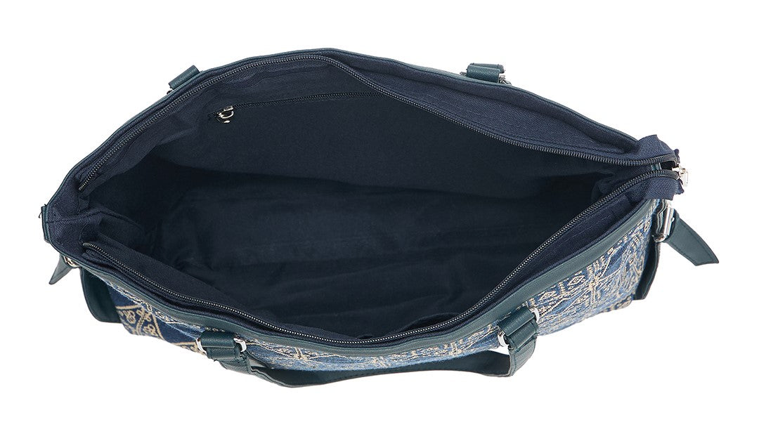 Women's Ethnic Print Tote Bag, Navy Blue and Beige Pattern