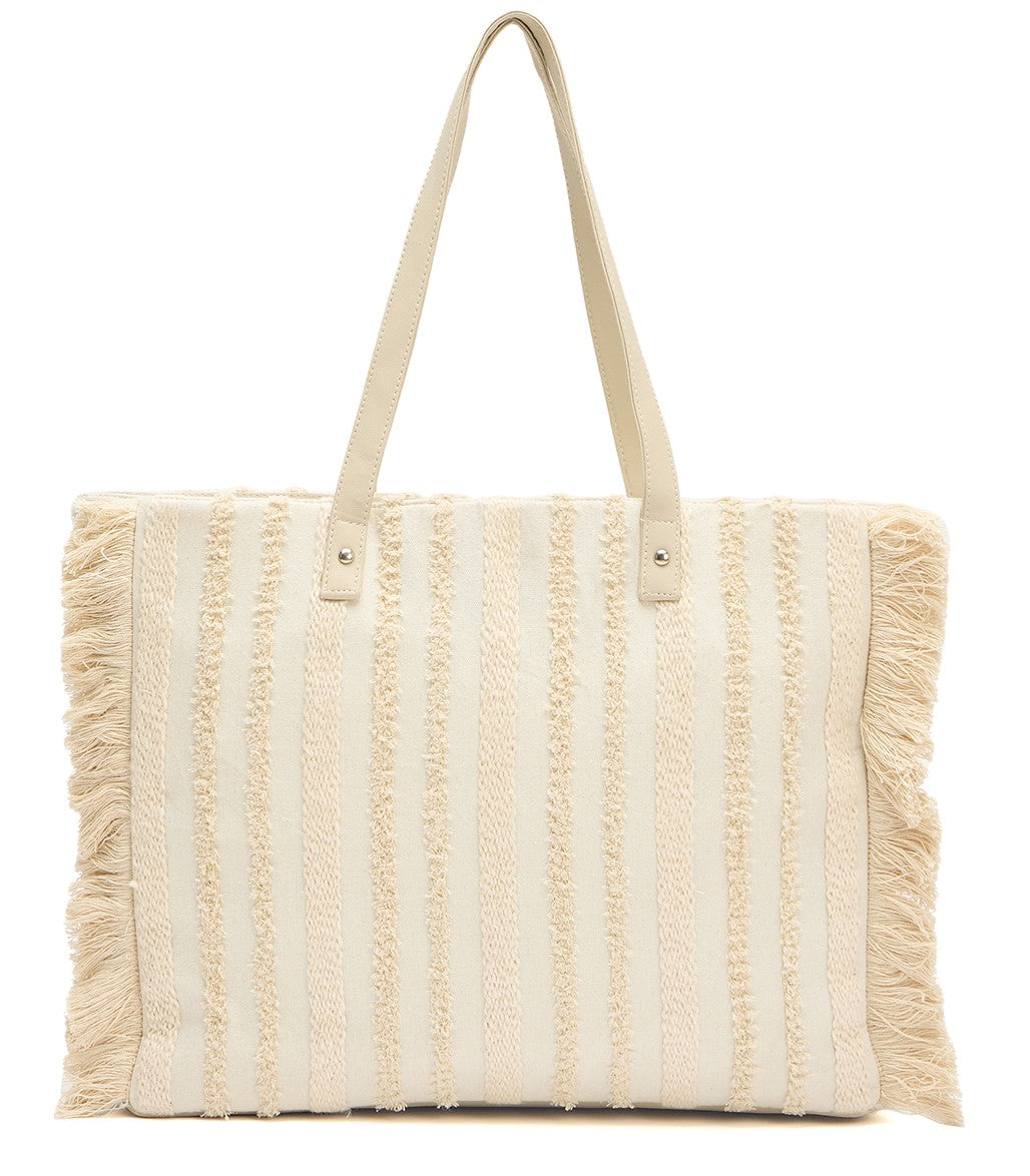 Boho Woven Cotton Tote Bag with Fringe Detail, Cream Striped Pattern, Large Shoulder Straps