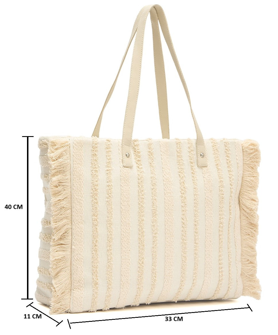 Boho Woven Cotton Tote Bag with Fringe Detail, Cream Striped Pattern, Large Shoulder Straps