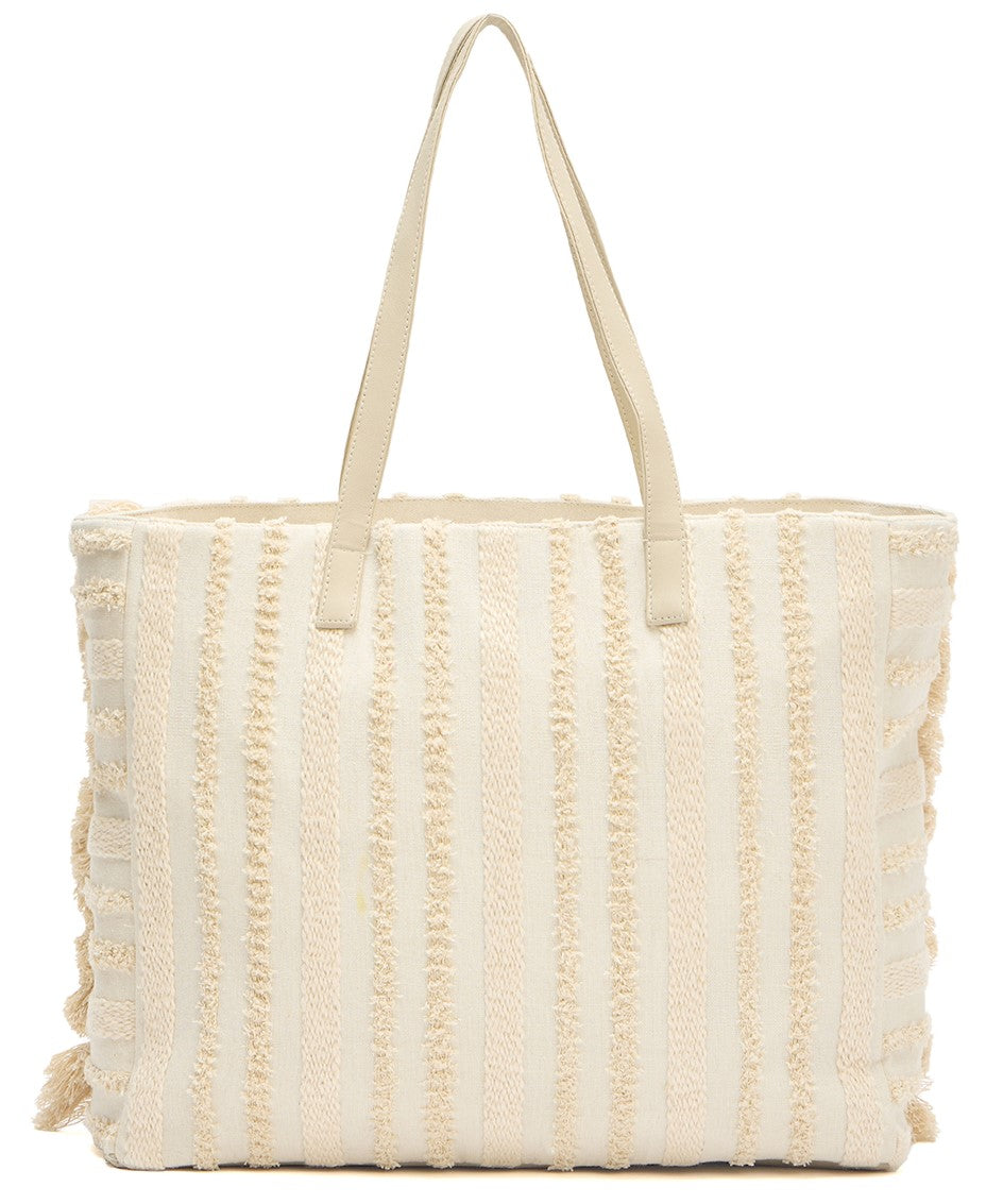 Boho Woven Cotton Tote Bag with Fringe Detail, Cream Striped Pattern, Large Shoulder Straps