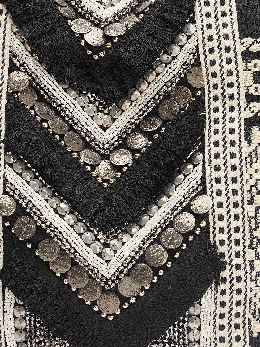PRIMROSE Bohemian Tote Bag with Fringe Detail, Black and Beige Aztec Pattern, Coin Embellished