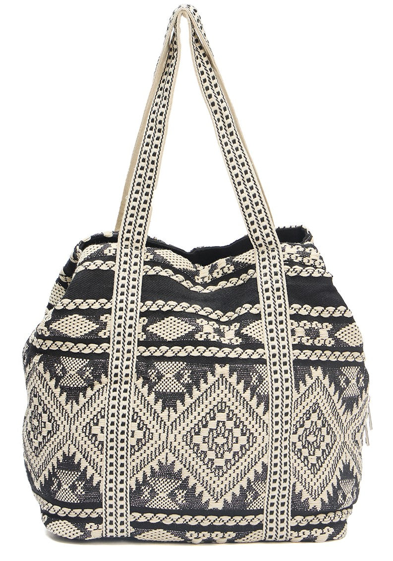 PRIMROSE Bohemian Tote Bag with Fringe Detail, Black and Beige Aztec Pattern, Coin Embellished