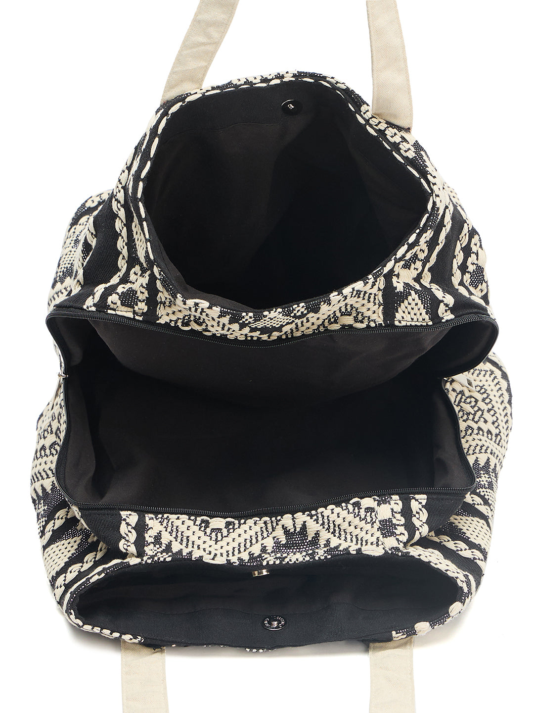 PRIMROSE Bohemian Tote Bag with Fringe Detail, Black and Beige Aztec Pattern, Coin Embellished