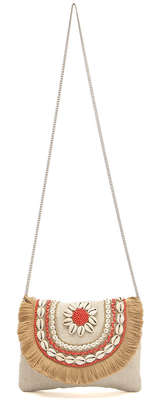 PRIMROSE Bohemian Crossbody Bag with Shell Fringe, Beige Canvas with Coral Beading, Chain Strap