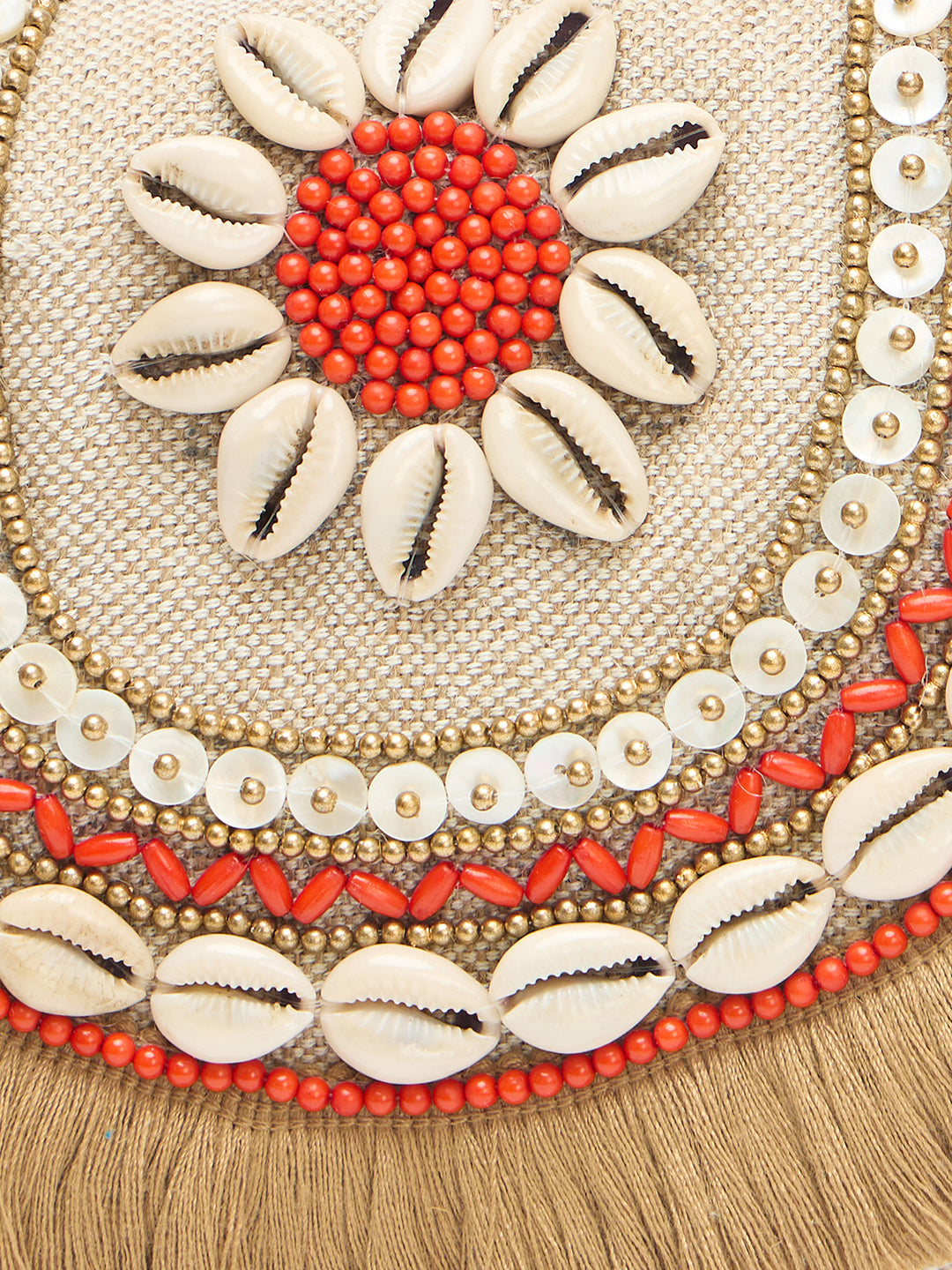 PRIMROSE Bohemian Crossbody Bag with Shell Fringe, Beige Canvas with Coral Beading, Chain Strap