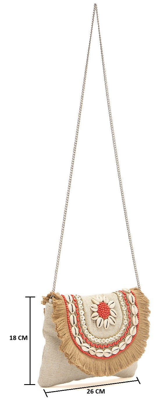 PRIMROSE Bohemian Crossbody Bag with Shell Fringe, Beige Canvas with Coral Beading, Chain Strap