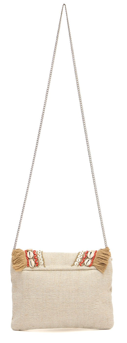 PRIMROSE Bohemian Crossbody Bag with Shell Fringe, Beige Canvas with Coral Beading, Chain Strap