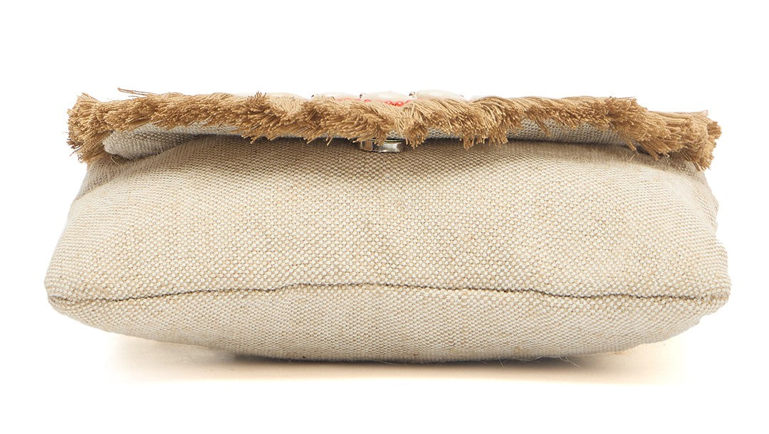 PRIMROSE Bohemian Crossbody Bag with Shell Fringe, Beige Canvas with Coral Beading, Chain Strap