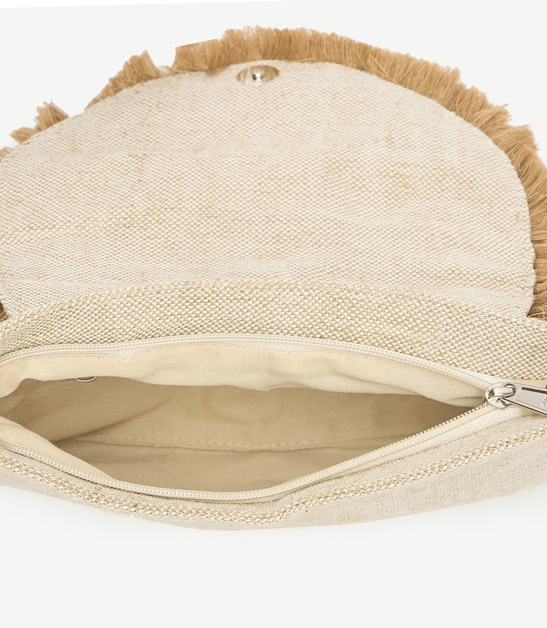 PRIMROSE Bohemian Crossbody Bag with Shell Fringe, Beige Canvas with Coral Beading, Chain Strap