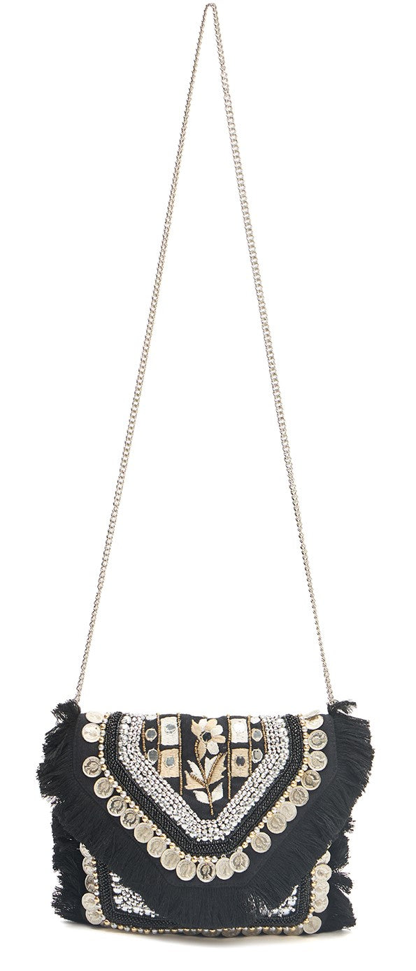 PRIMROSE Bohemian Crossbody Bag with Fringe, Beaded Embellishments, Coin Details, Silver Chain Strap, Black