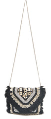 PRIMROSE Bohemian Crossbody Bag with Fringe, Beaded Embellishments, Coin Details, Silver Chain Strap, Black