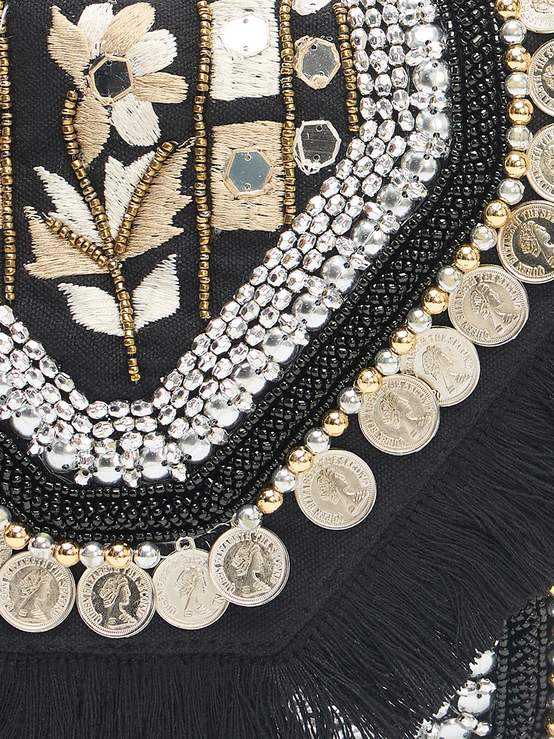 PRIMROSE Bohemian Crossbody Bag with Fringe, Beaded Embellishments, Coin Details, Silver Chain Strap, Black