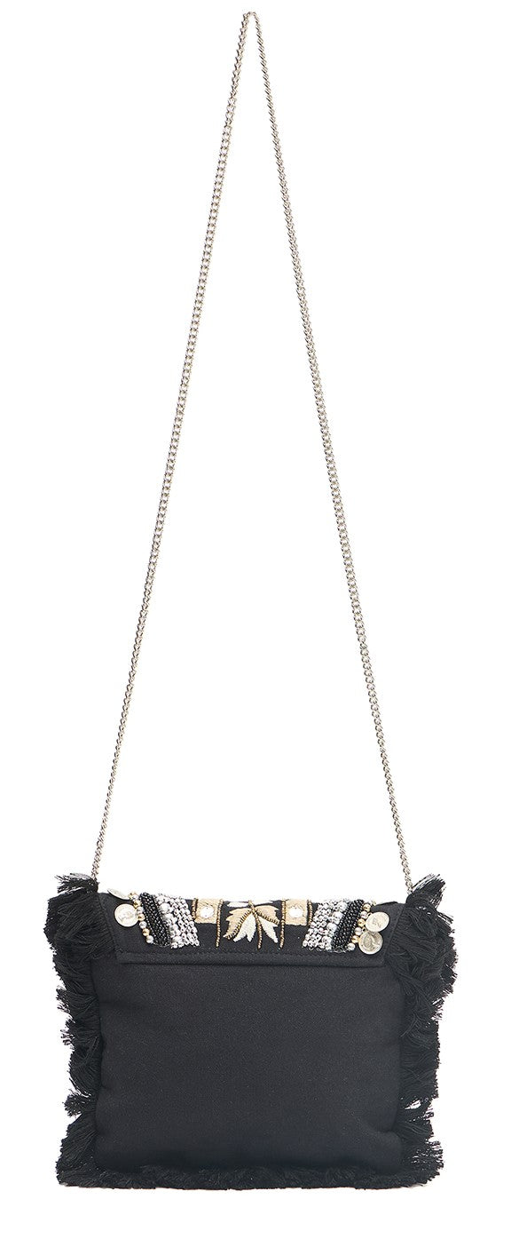 PRIMROSE Bohemian Crossbody Bag with Fringe, Beaded Embellishments, Coin Details, Silver Chain Strap, Black