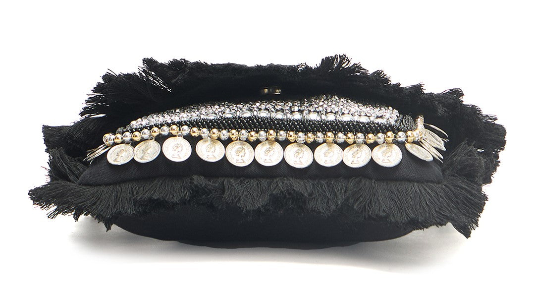 PRIMROSE Bohemian Crossbody Bag with Fringe, Beaded Embellishments, Coin Details, Silver Chain Strap, Black