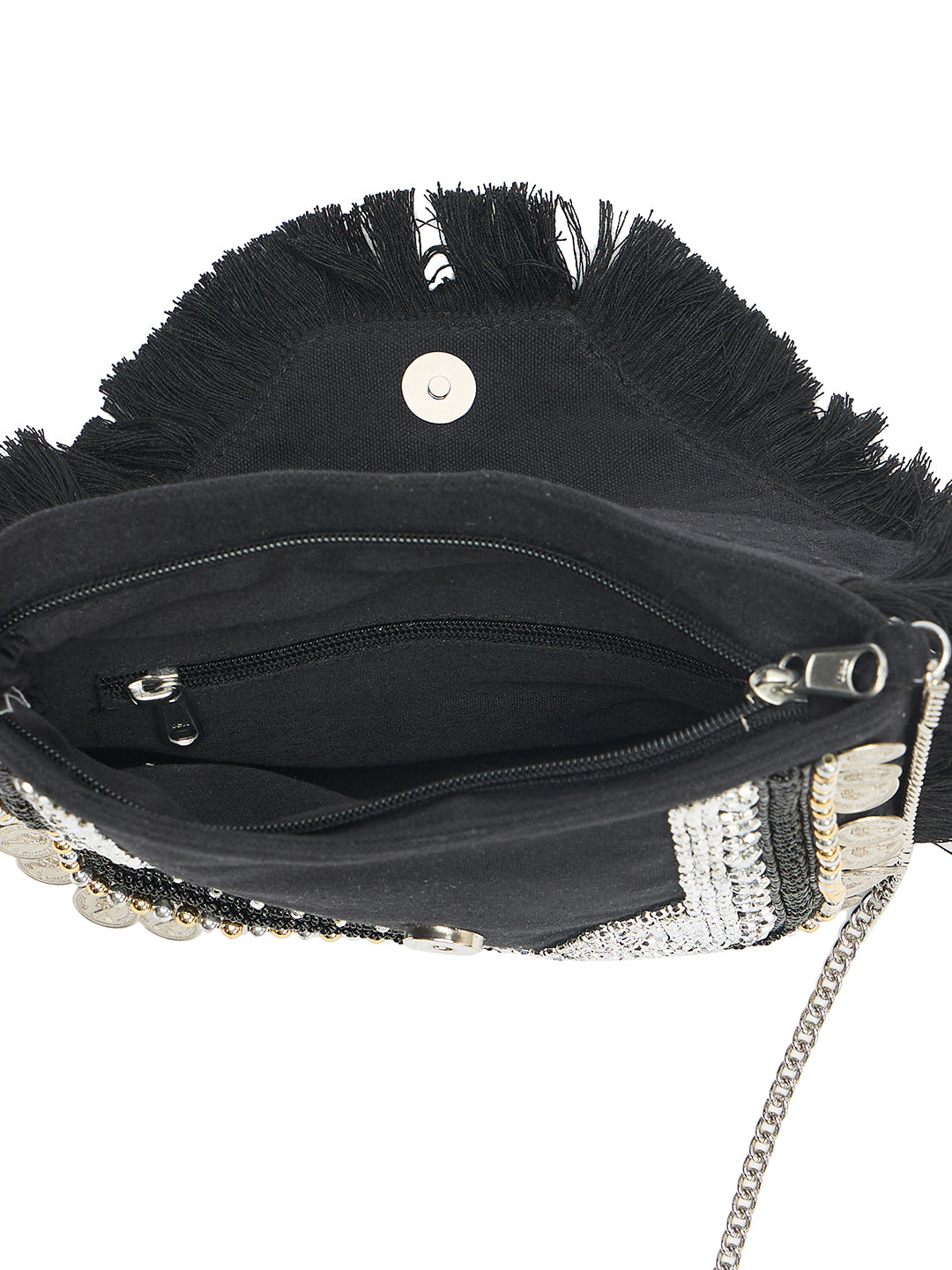PRIMROSE Bohemian Crossbody Bag with Fringe, Beaded Embellishments, Coin Details, Silver Chain Strap, Black