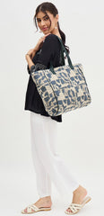 Canvas Tote Bag, Abstract Pattern Print, Grey and Beige, Large Shoulder Straps