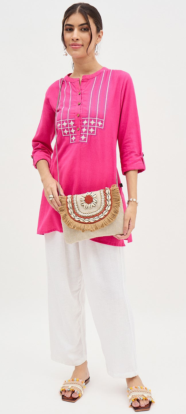 PRIMROSE Bohemian Crossbody Bag with Shell Fringe, Beige Canvas with Coral Beading, Chain Strap