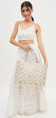 PRIMROSE Geometric Pattern Canvas Tote Bag, Large Shopping Bag, Beige and White Diamond Design
