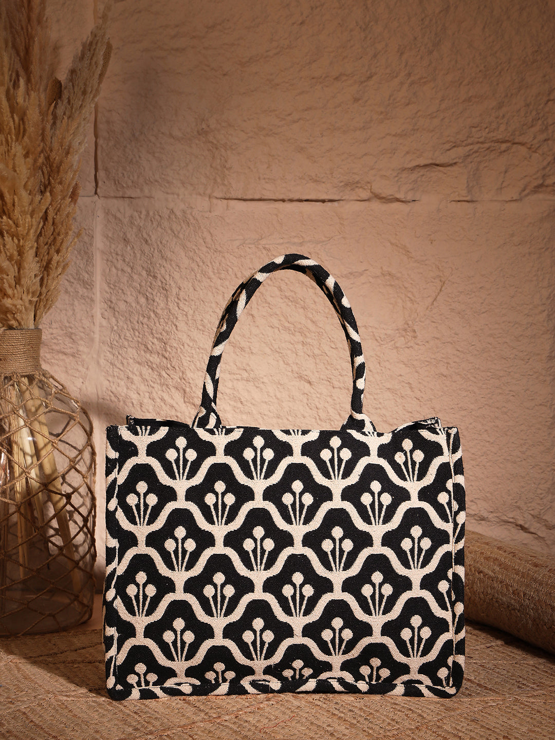 PRIMROSE Floral Pattern Canvas Tote Bag, Black and Beige, Decorative Design, Shopping Handbag