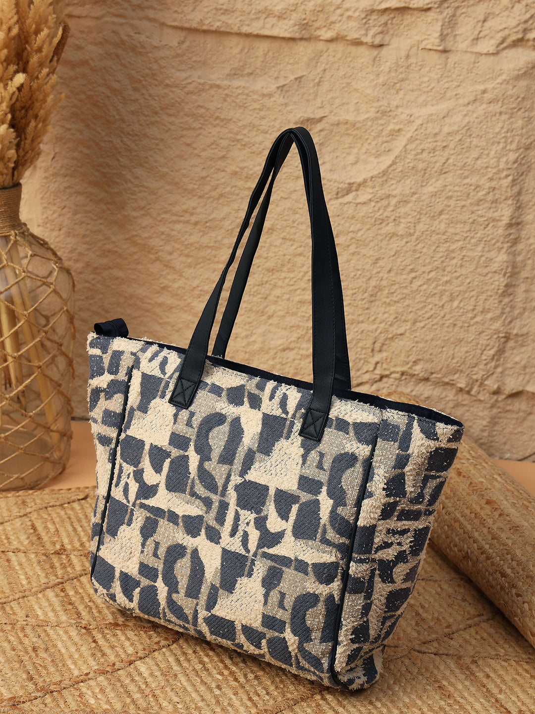 PRIMROSE Canvas Tote Bag, Abstract Pattern Print, Navy and Beige, Large Shoulder Straps