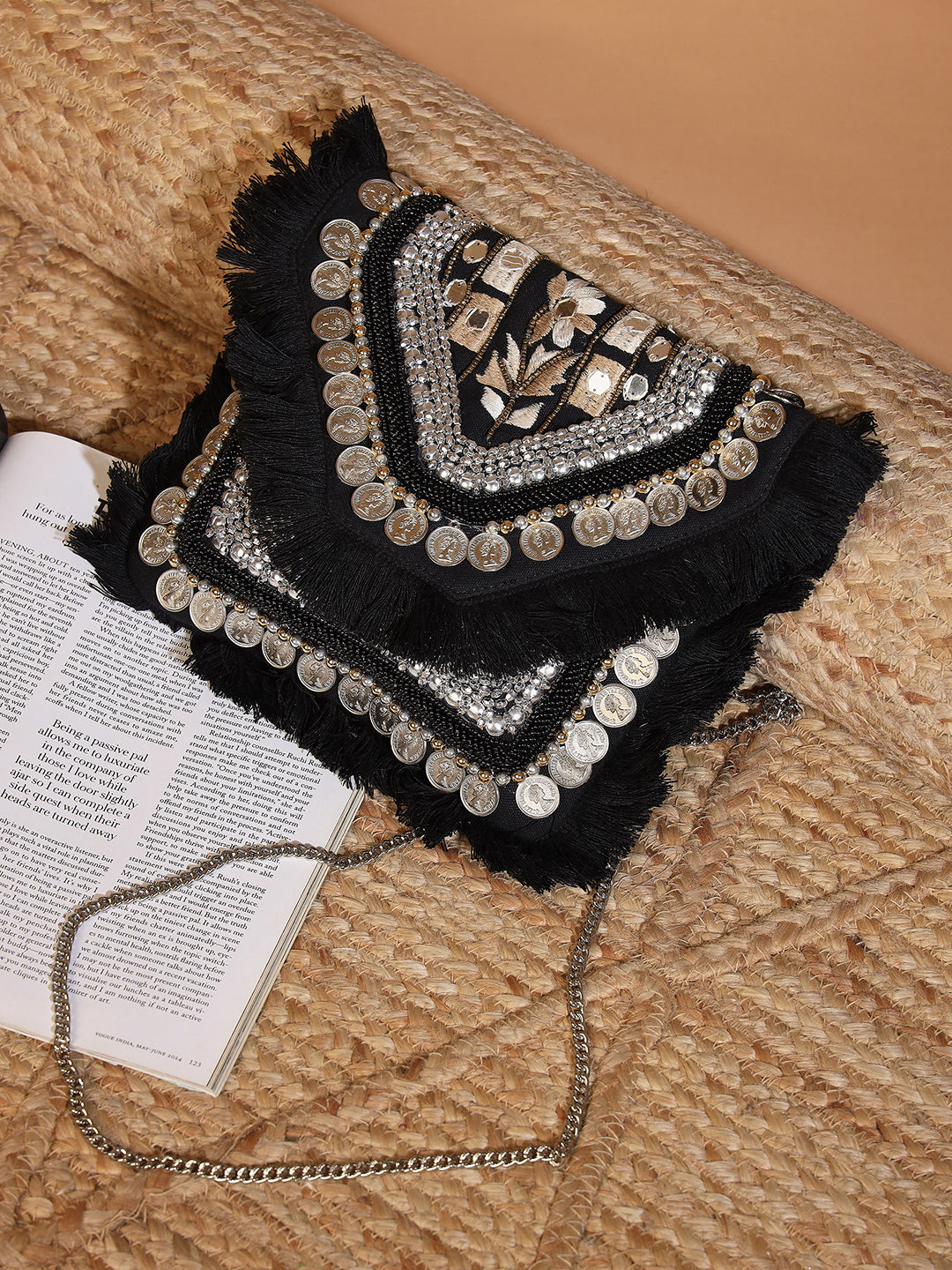 PRIMROSE Bohemian Crossbody Bag with Fringe, Beaded Embellishments, Coin Details, Silver Chain Strap, Black