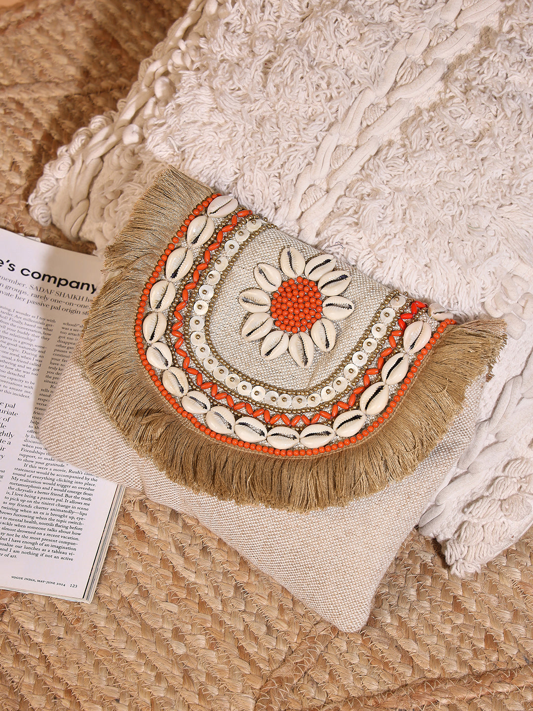 PRIMROSE Bohemian Crossbody Bag with Shell Fringe, Beige Canvas with Coral Beading, Chain Strap
