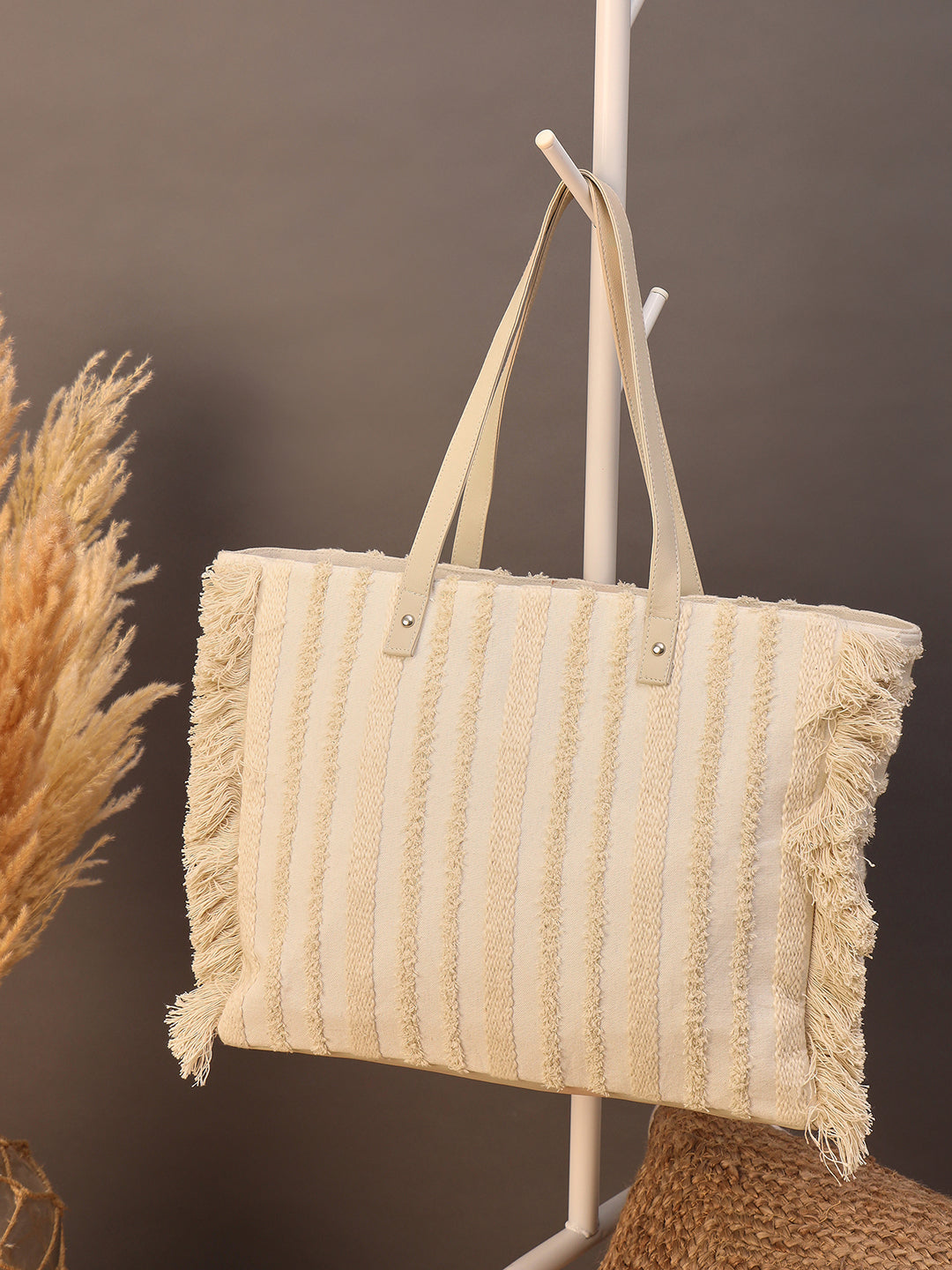 Boho Woven Cotton Tote Bag with Fringe Detail, Cream Striped Pattern, Large Shoulder Straps